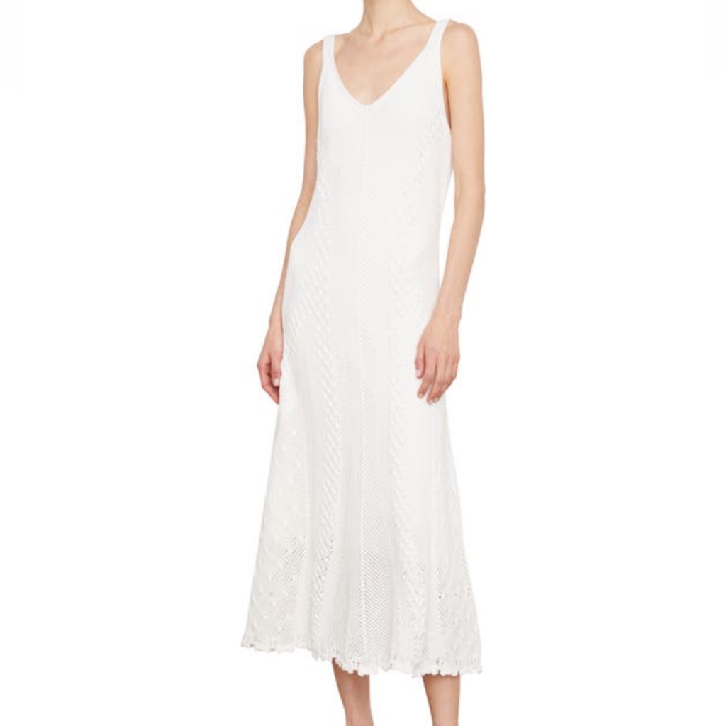 Vince Macram Trim -Sweater Dress V- Neck 100%Cotton Size Large Color Off White